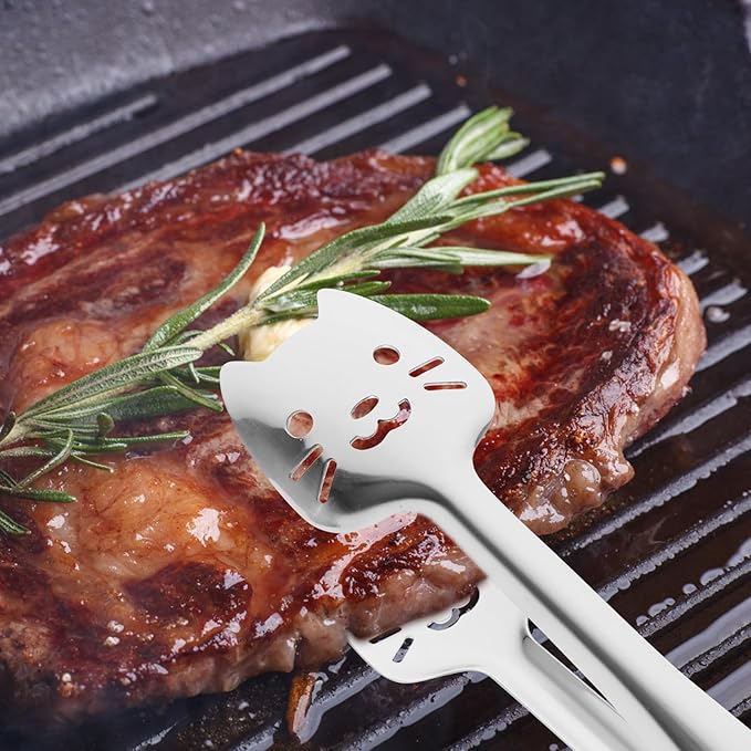 jojofuny Stainless Steel Kitchen Tongs Cat Face Design Metal Food Clips Small Buffet Serving Tongs for Cooking Baking and Dessert