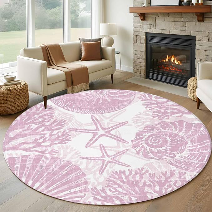 Washable Round Area Rug Watercolor Summer Marine Creature Circle Rugs Floor Carpet for Living Room Bedroom, Pink Starfish Shell Conch Soft Non Slip Round Rug 5ft