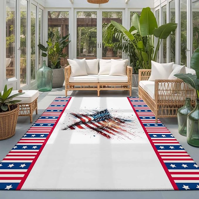 Area Rug 3x5ft, 4th of July Stars Stripes Abstract Flag Washable Rugs for Living Room Bedroom, Patriotic Theme Soft Non-Slip Area Rugs Rectangle Floor Carpet for Dining Room