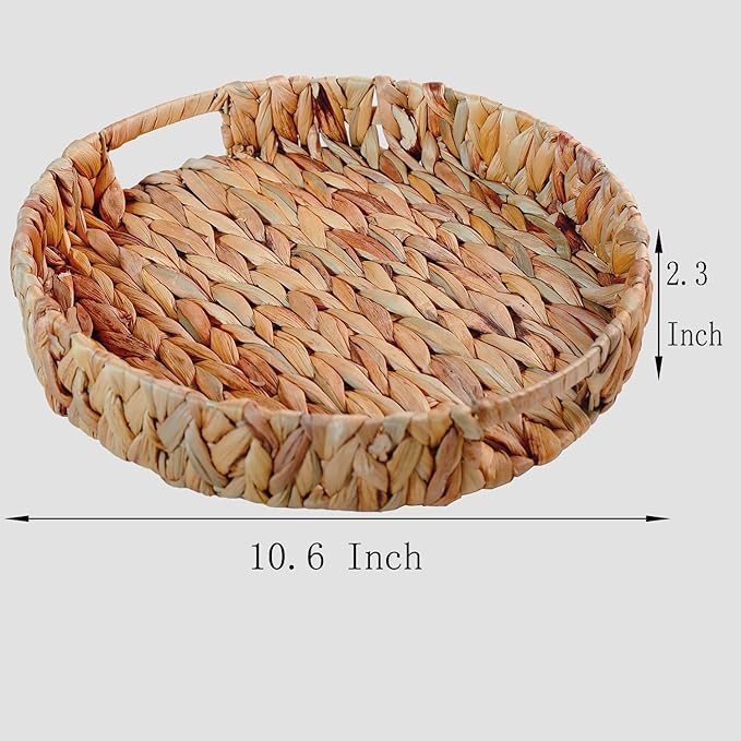 Large Round Water Hyacinth Storage Baskets, Hand-Woven Natural Grass Weaving Trays with Built-in Handles, Wicker Serving Trays for Fruit, Arts, Crafts, and Home Decor