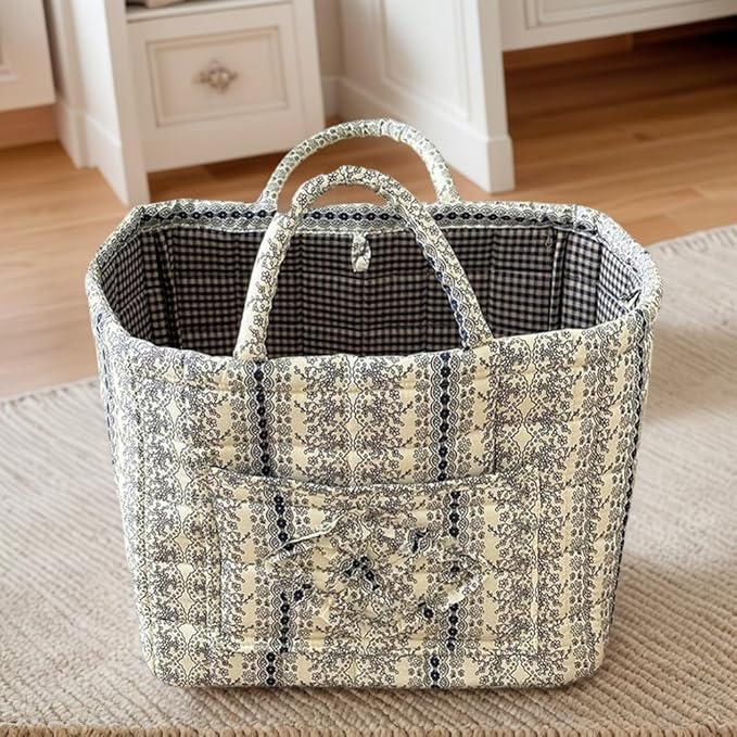 HiTotes Floral Storage Car Basket Diaper Caddy Organizer Quilted Laundry Basket Foldable Nursery Hamper Bag