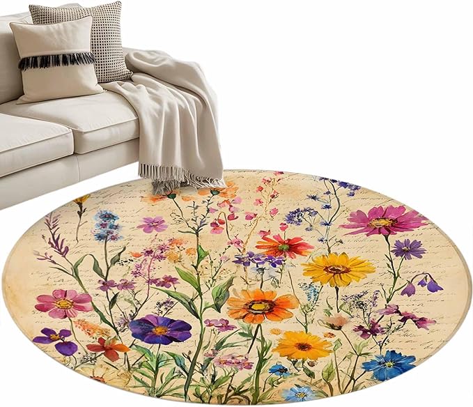 Washable Round Area Rug Farmhouse Colorful Small Flower Circle Rugs Floor Carpet for Living Room Bedroom, Retro Backdrop Seamless Soft Non Slip Round Rug 3ft