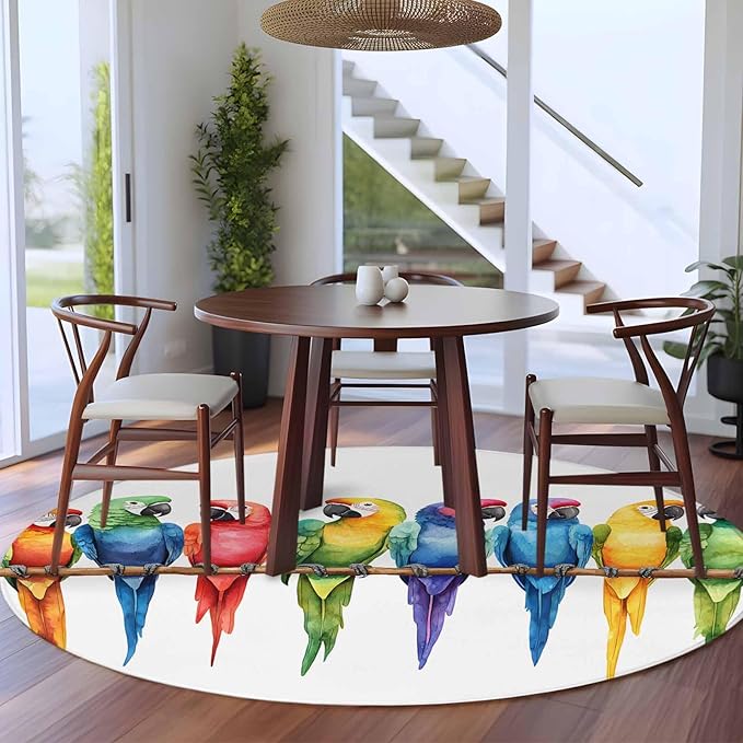 Washable Round Area Rug Funny Watercolor Parrot Circle Rugs Floor Carpet for Living Room Bedroom, Red Green Blue Gradient Bird Soft Non Slip Round Rug 5ft