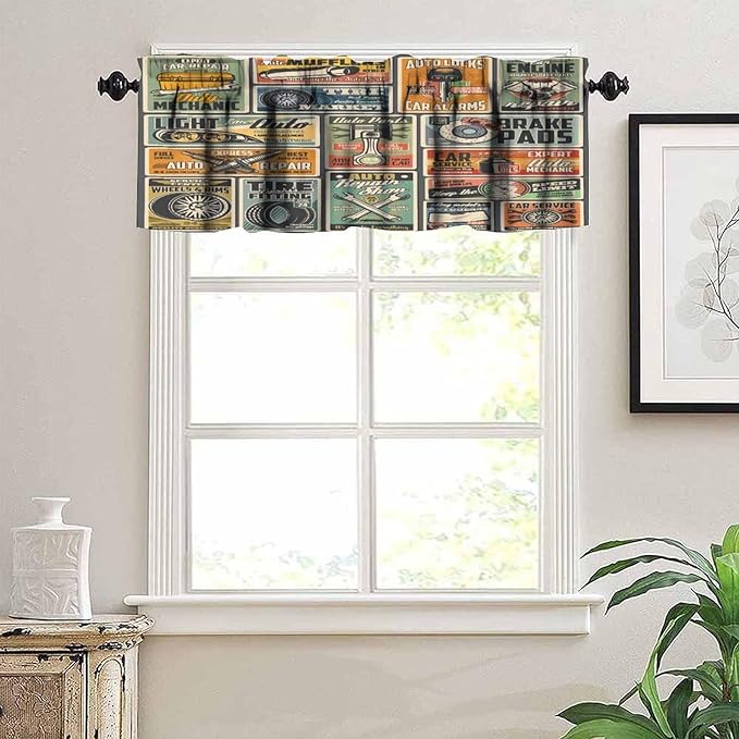 Cars Service Valance Curtain Garage Station, Automotive Diagnostic, Engine, Tire Fitting, Vehicle Repair Shop Curtains Valances for Kitchen Living Room Decor with Rod Pocket, One Panel 54X18 Inches