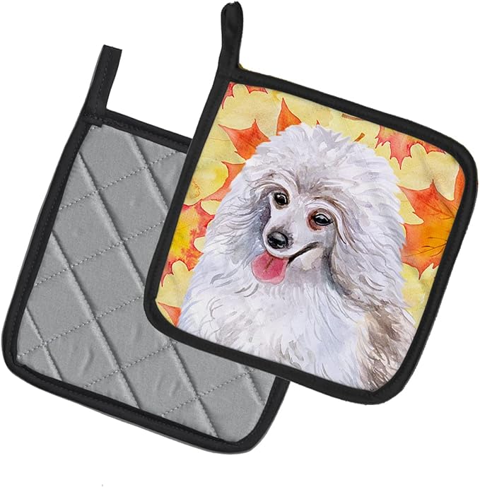 Caroline's Treasures BB9944PTHD Medium White Poodle Fall Pair of Pot Holders, Yellow Kitchen Heat Resistant Pot Holders Sets Oven Hot Pads for Cooking Baking BBQ, 7 1/2 x 7 1/2