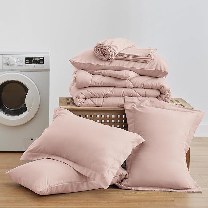 Love's cabin King Size Comforter Set Pink, 7 Pieces King Bed in a Bag, All Season Bedding Sets with 1 Comforter, 1 Flat Sheet, 1 Fitted Sheet, 2 Pillowcase and 2 Pillow Sham | Soft, Breathable, Lightweight, Comfortable
