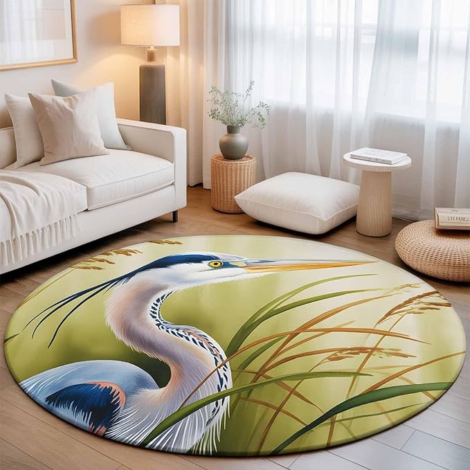 Washable Round Area Rug Natural Bird Wetland Landscape Circle Rugs Floor Carpet for Living Room Bedroom, Wild Heron Grass Soft Non Slip Round Rug 5ft