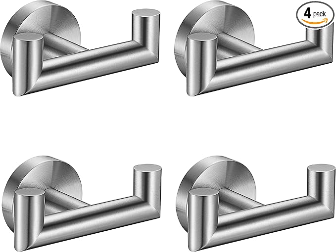 Towel Hooks For Bathrooms, Brushed Nickel Towel Hook For Kitchen Bathroom, SUS304 Stainless Steel Coat Hook, Heavy Duty Double Holder Robe Hooks For Hanging Towels,Coats,Clothes,Wall Mount, 4 Pack