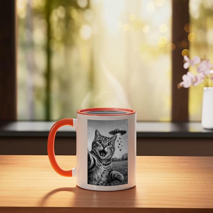 Funny Cat Selfie Easter Eggs Alien UFO Abduction Men Women Ceramic Mug, Orange/White