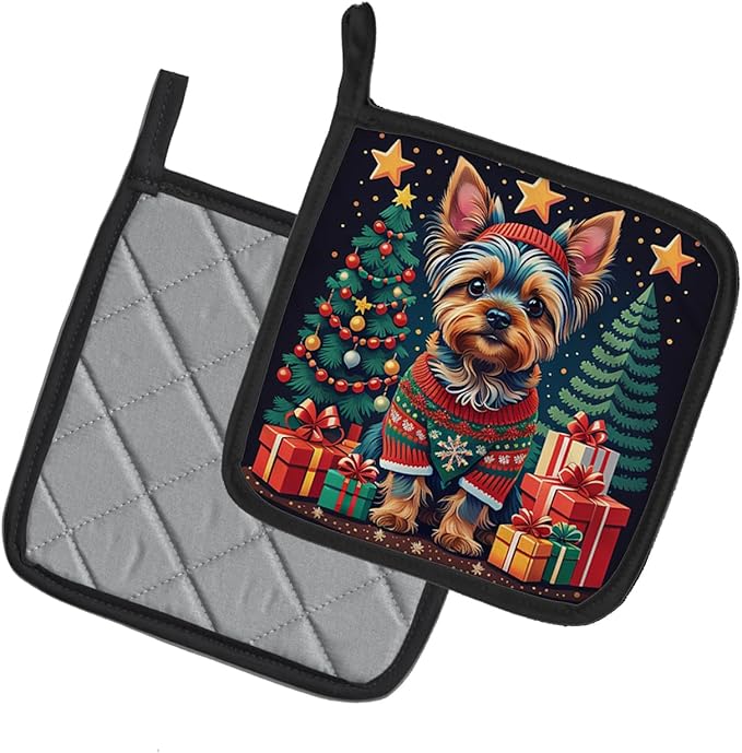 Caroline's Treasures Yorkie Yorkshire Terrier Christmas Pair of Pot Holders Kitchen Heat Resistant Pot Holders Sets Oven Hot Pads for Cooking Baking BBQ, 7 1/2 x 7 1/2