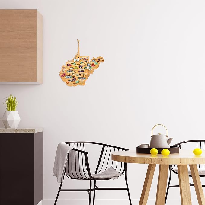 Totally Bamboo West Virginia State Shaped Cutting Board and Charcuterie Serving Platter with Artwork by Fish Kiss, Includes Hang Tie for Wall Display