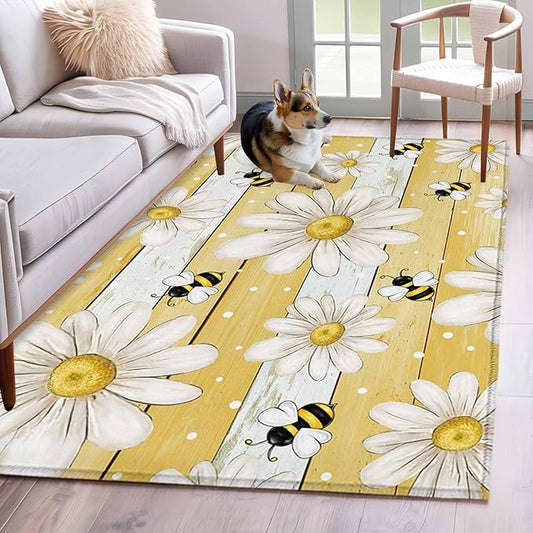 Area Rug 4x6ft, Summer Rustic Daisy Flower Bee Washable Rugs for Living Room Bedroom, Blossom Floral Yellow Wooden Soft Non-Slip Area Rugs Rectangle Floor Carpet for Dining Room
