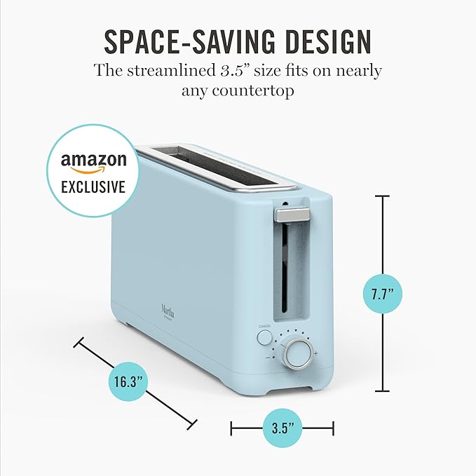 Martha Stewart 2 Slice Long Slot Toaster, Extra Wide for Sourdough & Bagels, 10 Setting Shade Control, Removable Crumb Tray, Self-Centering Design, Defrost/Reheat, Cancel, Slim Space-Saving, Sky Blue