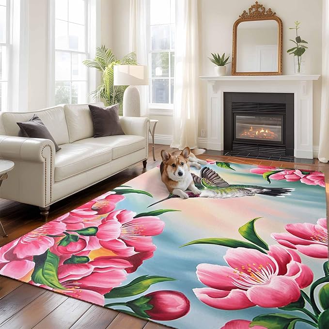 Area Rug 6x9ft, Hummingbird Flower Peach Blossom Washable Rugs for Living Room Bedroom, Nature Oil Painting Art Soft Non-Slip Area Rugs Rectangle Floor Carpet for Dining Room