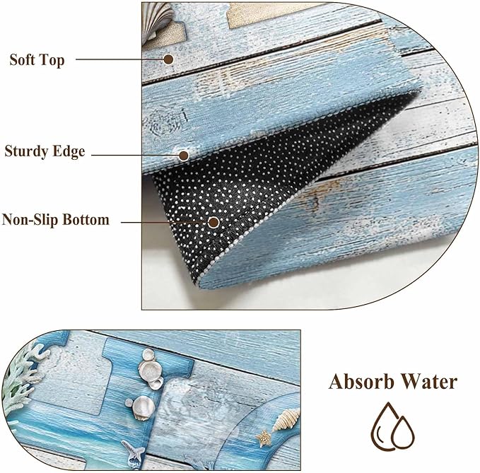 Washable Round Area Rug Summer Ocean Beach Shell Home Quote Circle Rugs Floor Carpet for Living Room Bedroom, Farm Blue Wood Board Soft Non Slip Round Rug 5ft
