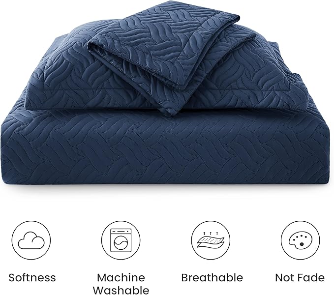 Love's cabin King Size Quilt Set Navy Blue Bedspreads - Soft Bed Summer Lightweight Bedspread Comforter - Modern Style Wave Pattern Coverlet for All Season - 3 Pieces (1 Quilt, 2 Pillow Shams)