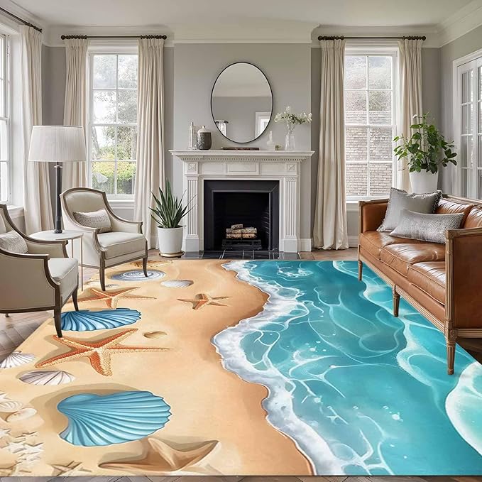 Area Rug 6x9ft, Summer Beach Shell Starfish Washable Rugs for Living Room Bedroom, Marine Life Cartoon Style Soft Non-Slip Area Rugs Rectangle Floor Carpet for Dining Room