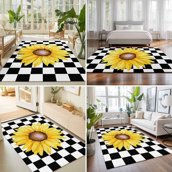 Area Rug 3x5ft, Watercolor Sunflower on Checkered Washable Rugs for Living Room Bedroom, Yellow Black White Soft Non-Slip Area Rugs Rectangle Floor Carpet for Dining Room