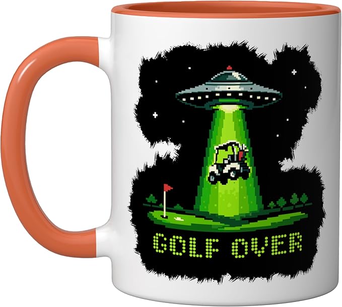 GOLF OVER Retro Funny Pixel Art UFO Abducting Golf-Cart Ceramic Mug, Orange/White