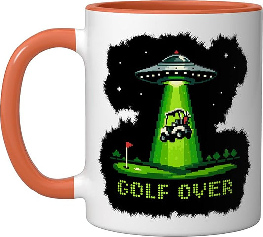 GOLF OVER Retro Funny Pixel Art UFO Abducting Golf-Cart Ceramic Mug, Orange/White