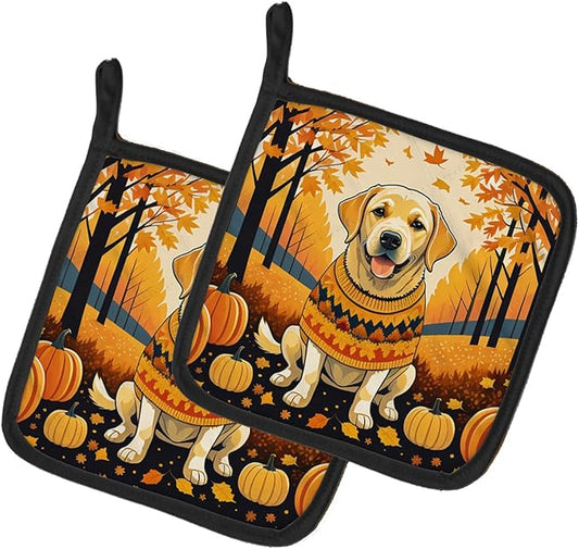 Caroline's Treasures DAC1056PTHD Yellow Labrador Retriever Fall Pair of Pot Holders Kitchen Heat Resistant Pot Holders Sets Oven Hot Pads for Cooking Baking BBQ, 7 1/2 x 7 1/2