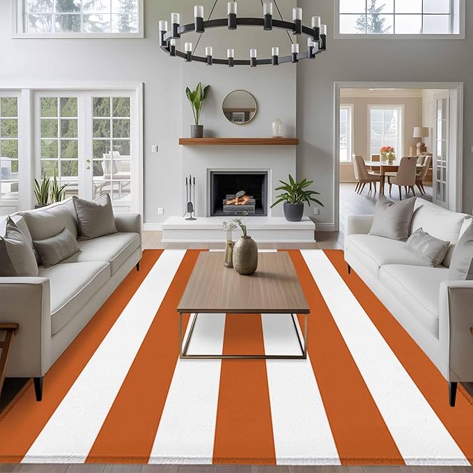 Area Rug 6x9ft, Farmhouse Classic Stripes Washable Rugs for Living Room Bedroom, Orange White Soft Non-Slip Area Rugs Rectangle Floor Carpet for Dining Room
