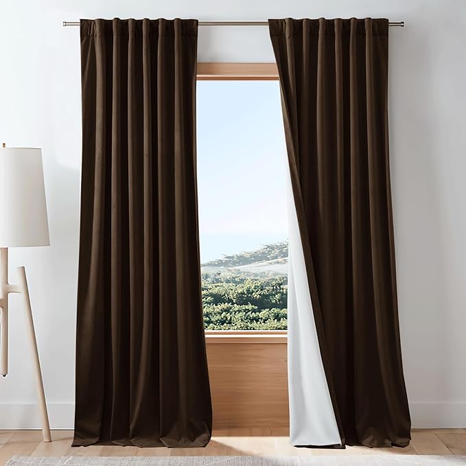 NICETOWN Brown 100% Blackout Warm Velvet Curtain for Living Room, 1 Panel Rod Pocket/Back Tab/Hook Belt Cold Blocking Room Darkening Noise Canceling Window Treatment for Bedroom, W48 x L96