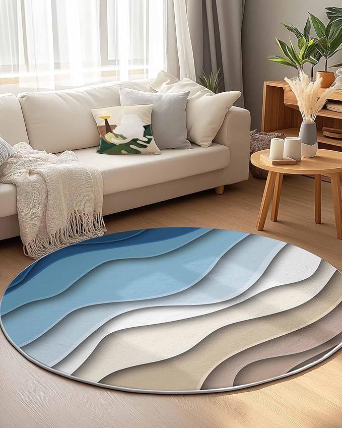Round Area Rug,Blue Gradient Abstract Geometric Circle Living Room Rug Non-Slip Rugs Indoor Carpet,Water Ripple Stripe Modern Art Soft Comfort Rugs for Bedroom KidsRoom Nursery