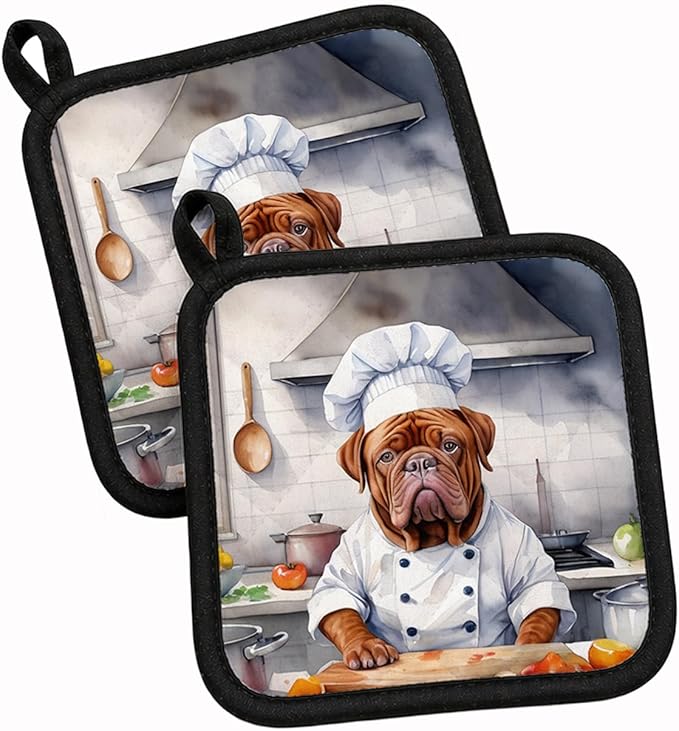 Caroline's Treasures Dogue de Bordeaux The Chef Pair of Pot Holders Kitchen Heat Resistant Pot Holders Sets Oven Hot Pads for Cooking Baking BBQ, 7 1/2 x 7 1/2
