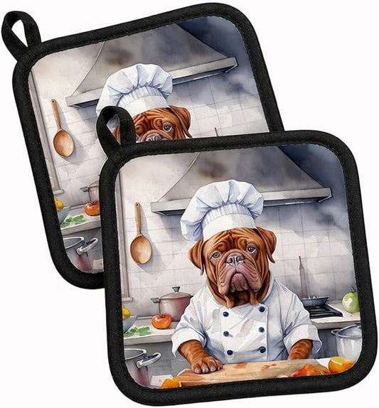 Caroline's Treasures Dogue de Bordeaux The Chef Pair of Pot Holders Kitchen Heat Resistant Pot Holders Sets Oven Hot Pads for Cooking Baking BBQ, 7 1/2 x 7 1/2