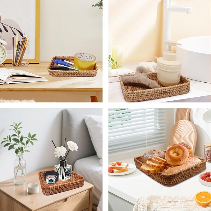 Rattan Storage Baskets, Rectangular Woven Baskets for Storage, Key Basket for Entryway, Decorative Storage Baskets for Organizing for Living Room, Bedroom, Kitchen(8.3" × 8.3" × 1.6")