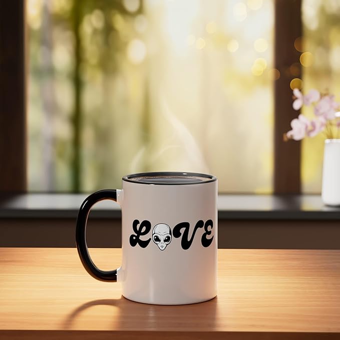 Love (with Space Alien Head) Ceramic Mug, Black/White
