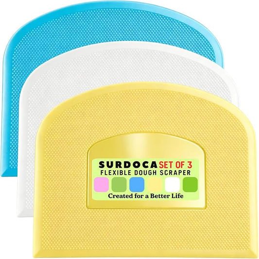 SURDOCA Dough Scraper Bench Scraper - 3P 8.3x5.5" Plastic Flexible Bowl Scraper, Sharp Edge & Angles Cake Scraper. Non-Slip Bakeware Decorating Tools Sculpting & Modeling Tools - Yellow+White+Blue