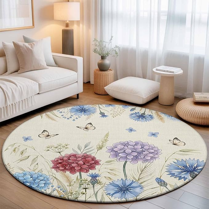 Washable Round Area Rug Spring Watercolor Garden Flower Circle Rugs Floor Carpet for Living Room Bedroom, Hydrangea Floral on Burlap Soft Non Slip Round Rug 5ft