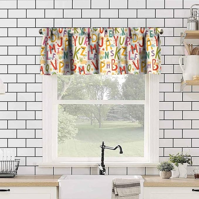 Kids Alphabet Valance Curtain, Cartoon Funny Educational Learning Tool Short Window Treatment for Kitchen Bedroom Nursery Classroom Decor, 54x18Inch