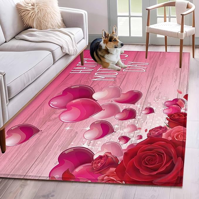 Area Rug 4x6ft, Mother's Day Love Balloon Rose Washable Rugs for Living Room Bedroom, Gradient Pink Wood Grain Soft Non-Slip Area Rugs Rectangle Floor Carpet for Dining Room