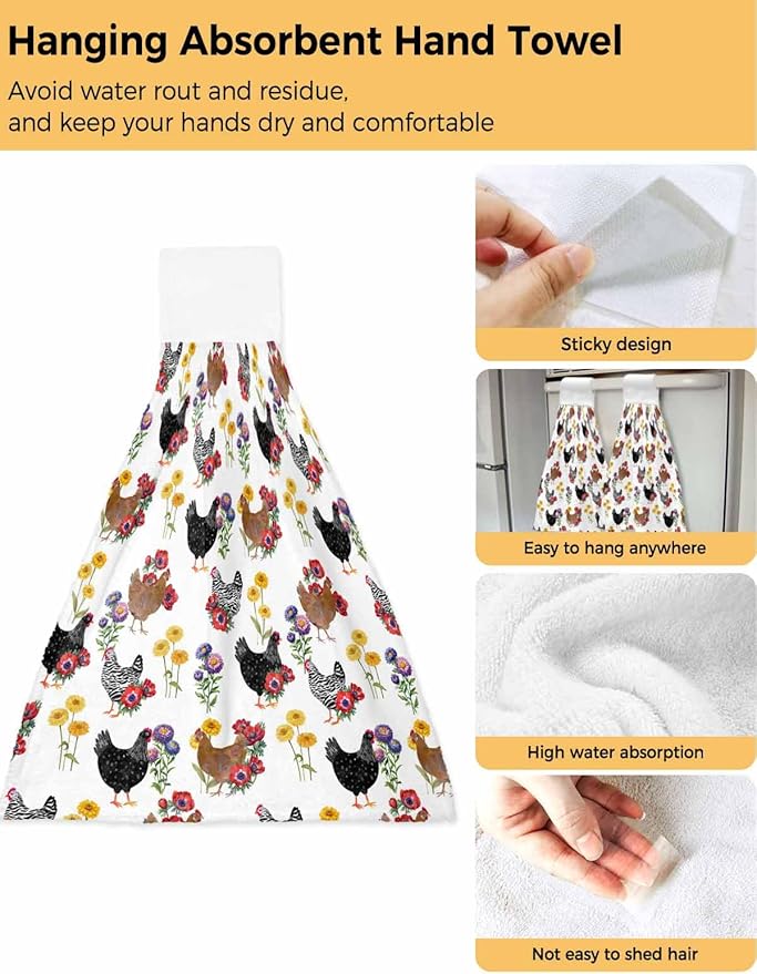 Alandar Home Kitchen Tie Towel Set of 2, Farmhouse Chicken Colorful Poppy Absorbent Soft Hand Towels for Bathroom Hanging Towels, Spring Floral Leaves Fast Drying Cleaning Cloth with Loop
