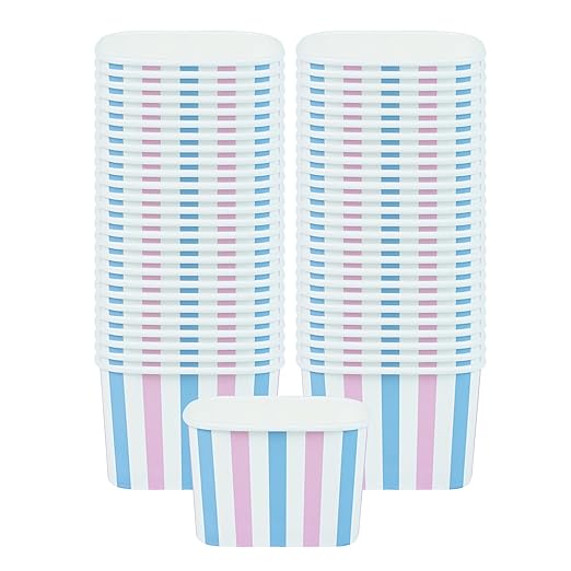 Restaurantware Paper Cups 50 Count 12 Ounce Square Disposable Ice Cream Containers, Leak-Resistant Paper Dessert To Go Cups, Hot And Cold Food, Durable Pink And Blue Stripe Design