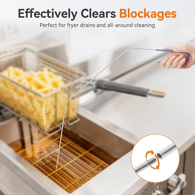 Fryer Cleaning Tools, 3 PCS Stainless Steel Deep Fryer Cleaning Tools, with Deep Fryer L-Shaped Brush, Long Handle Basket Brush and Fryer Cleanout Rod for Restaurants (Stainless Steel, Sliver)