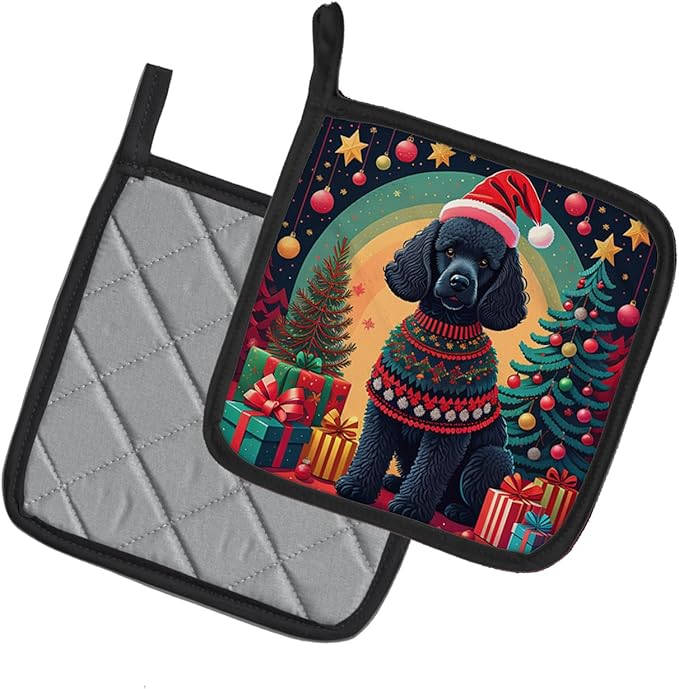 Caroline's Treasures Black Poodle Christmas Pair of Pot Holders Kitchen Heat Resistant Pot Holders Sets Oven Hot Pads for Cooking Baking BBQ, 7 1/2 x 7 1/2