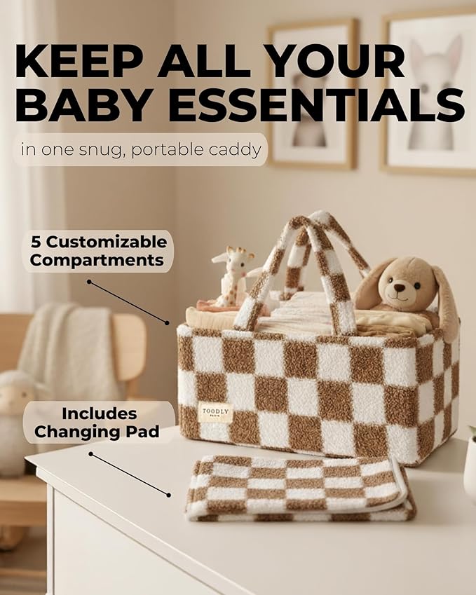 Checkered Diaper Caddy Organizer with Portable Changing Mat - Teddy Fleece Diaper Organizer for Changing Table - Caddy Organizer with Removable Dividers - Light Taupe and White