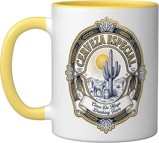 Beer Label Cerveza Cinco De Mayo Drinking Team Ceramic Mug, Yellow/White
