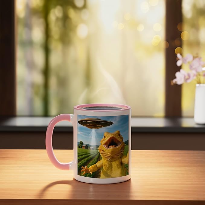 Funny Bearded Dragon Selfie with Alien UFO Ceramic Mug, Pink/White