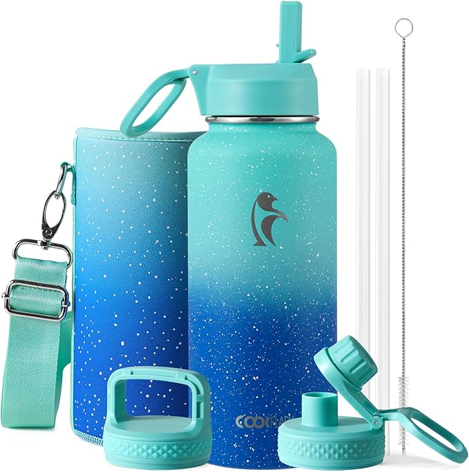Coolflask Water Bottle 32 oz Insulated with Straw, Stainless Steel Metal 3 Lids Water Flask Wide Mouth for Sports or Office, Non-BPA Keep Cold Up to 48 Hrs or Hot Up to 24 Hrs, Glacier Blue