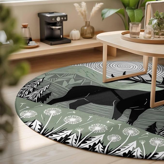 Washable Round Area Rug Black Wildlife Elk Circle Rugs Floor Carpet for Living Room Bedroom, Bohemian Green Mountain Peaks Soft Non Slip Round Rug 3ft