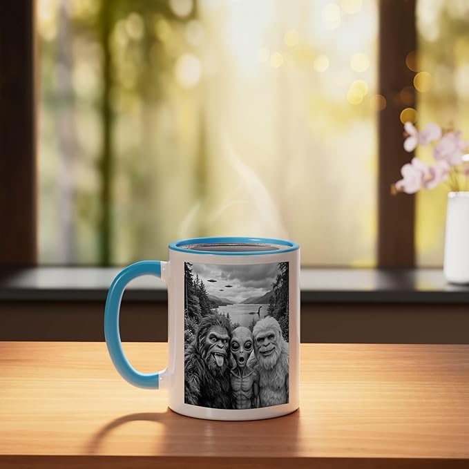 Bigfoot Alien Loch Ness Monster UFO Selfie Funny Cryptid Art Ceramic Mug, Blue/White