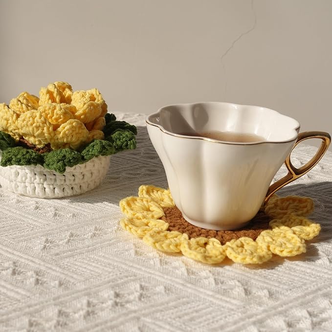 DICHA Sunflower Crochet Coasters with Plant Pot-Container Beverage Coaster Sets with Holder Bar Coasters for Drinks Coffee Table Desk-Succulent Plant Pot Coaster-Set of 5