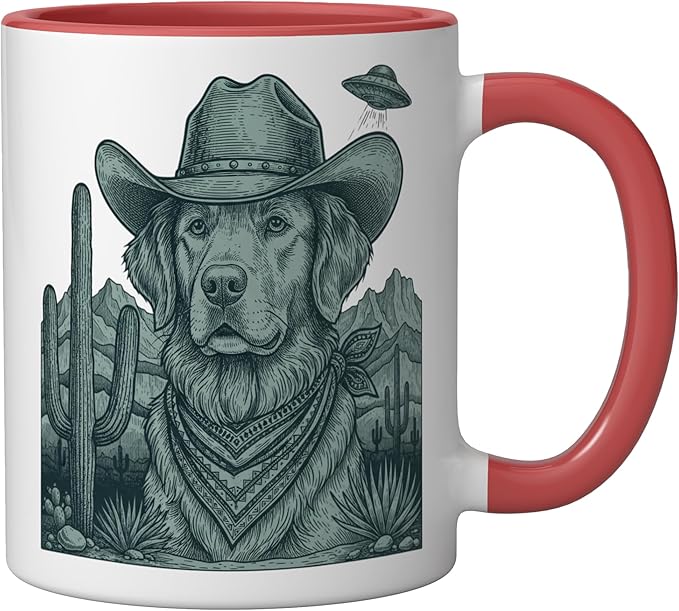 Cowboy Golden Retriever With Ufo Western Dog Art Ceramic Mug, Red/White