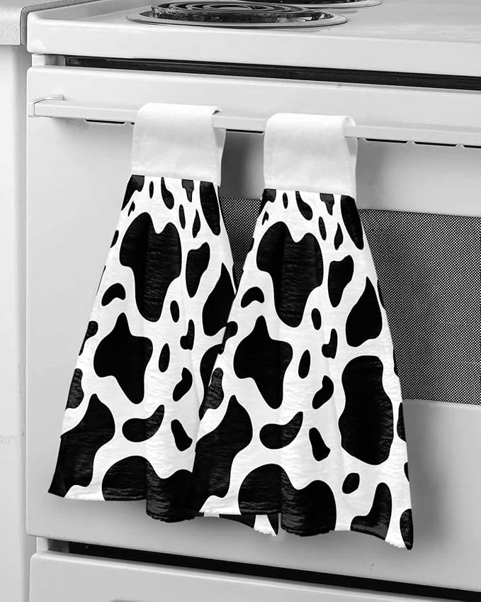 Kitchen Tie Towel Set of 2, Abstract Dairy Cattle Cow Skin Texture Absorbent Soft Hand Towels for Bathroom Hanging Towels, Black and White Animal Print Fast Drying Cleaning Cloth with Loop