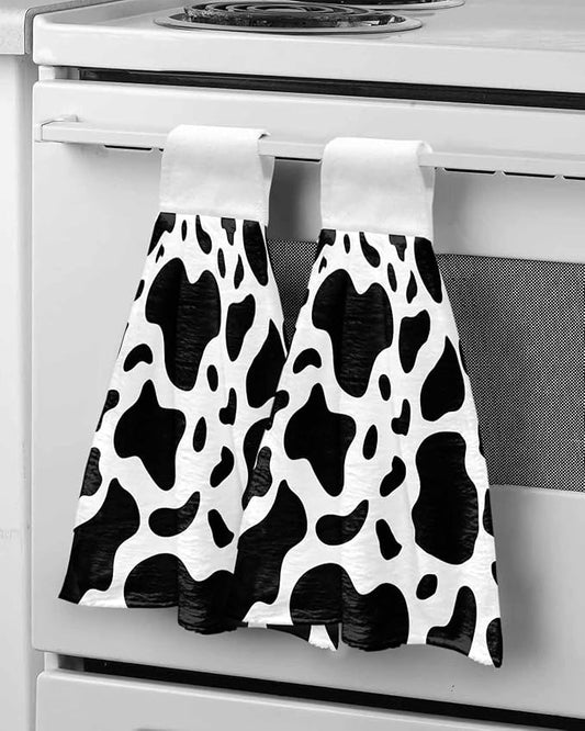 Kitchen Tie Towel Set of 2, Abstract Dairy Cattle Cow Skin Texture Absorbent Soft Hand Towels for Bathroom Hanging Towels, Black and White Animal Print Fast Drying Cleaning Cloth with Loop